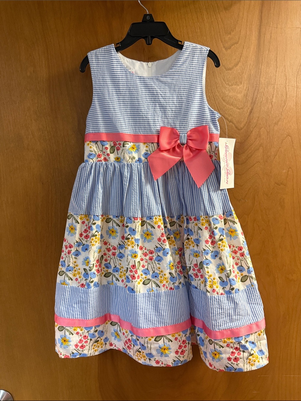 Bonnie Jean Blue Striped & Floral Dress with Pink Bow